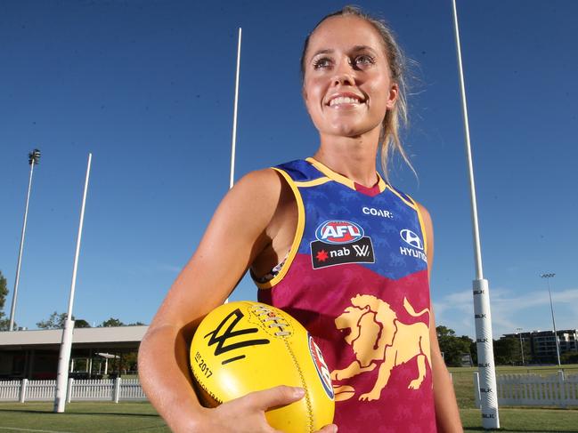 SUNDAY MAIL ONLY   Kaitlyn Ashmore Lions women's players ahead of first AFLW game on Sunday. Pic Jamie Hanson