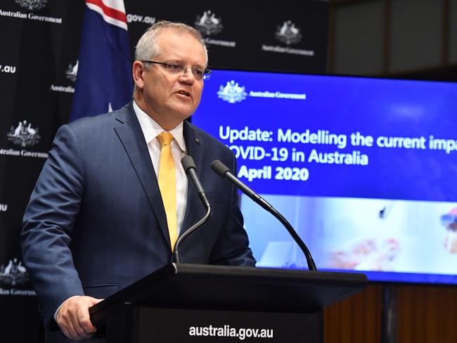 Prime Minister Scott Morrison during Friday’s coronavirus update. Picture: AAP Image/Mick Tsikas