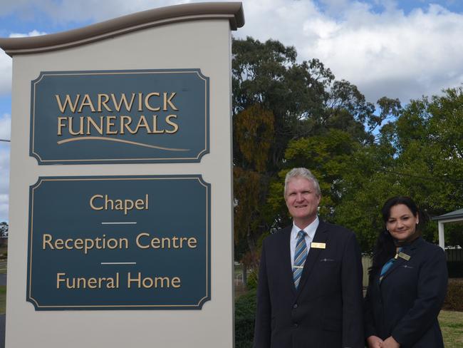 Warwick Funerals funeral arrangers Stephen Wilson and Kelly Lindsay.