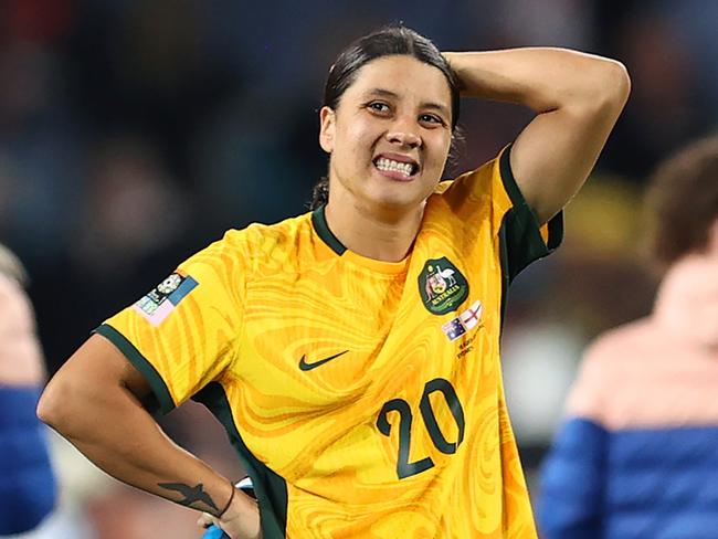 SYDNEY, AUSTRALIA - AUGUST 16: Sam Kerr of Australia looks dejected after the team's 1-3 defeat and elimination from the tournament following the FIFA Women's World Cup Australia & New Zealand 2023 Semi Final match between Australia and England at Stadium Australia on August 16, 2023 in Sydney, Australia. (Photo by Brendon Thorne/Getty Images)