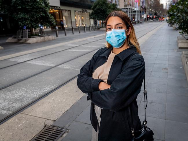 Valentina Leyva wears a mask in Melbourne. Picture: Jake Nowakowski