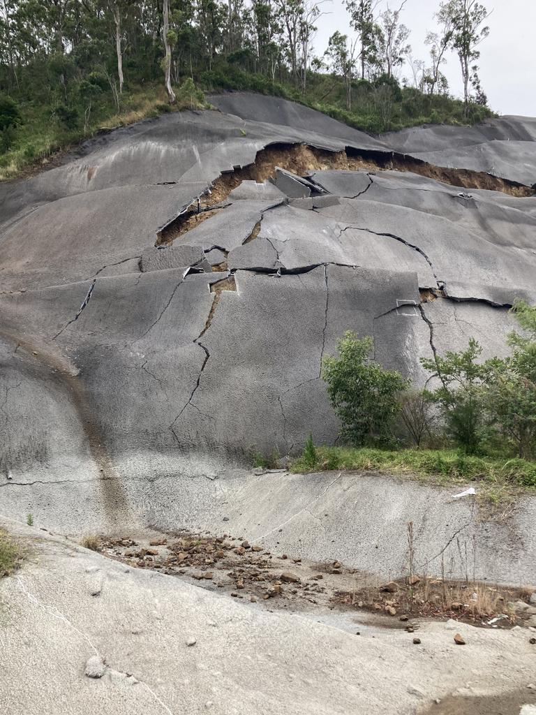 Large sections of a cutting along the eastbound lanes of the Toowoomba Bypass have fallen away.