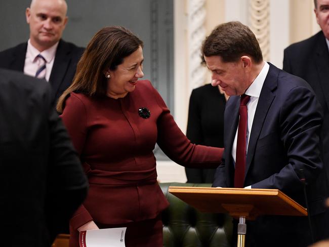 BRISBANE, AUSTRALIA - NewsWire Photos - JUNE 15, 2021.Queensland Treasurer Cameron Dick drivers is congratulated by Premier Annastacia palaszczuk after he delivered his budget speech at Parliament House. This is Mr Dick's second state budget.Picture: NCA NewsWire / Dan Peled