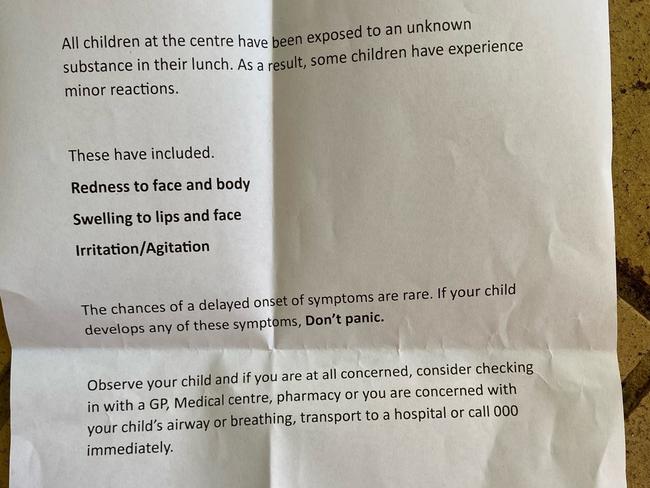 The letter released to parents after children were exposed to an unknown substance in their lunch.