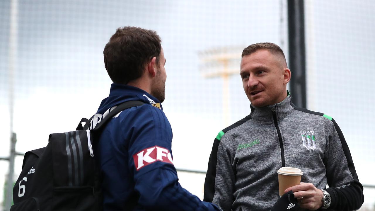 Besart Berisha (right) and his former Victory teammate Leigh Broxham will cross paths on Saturday night. Picture: Graham Denholm/Getty Images