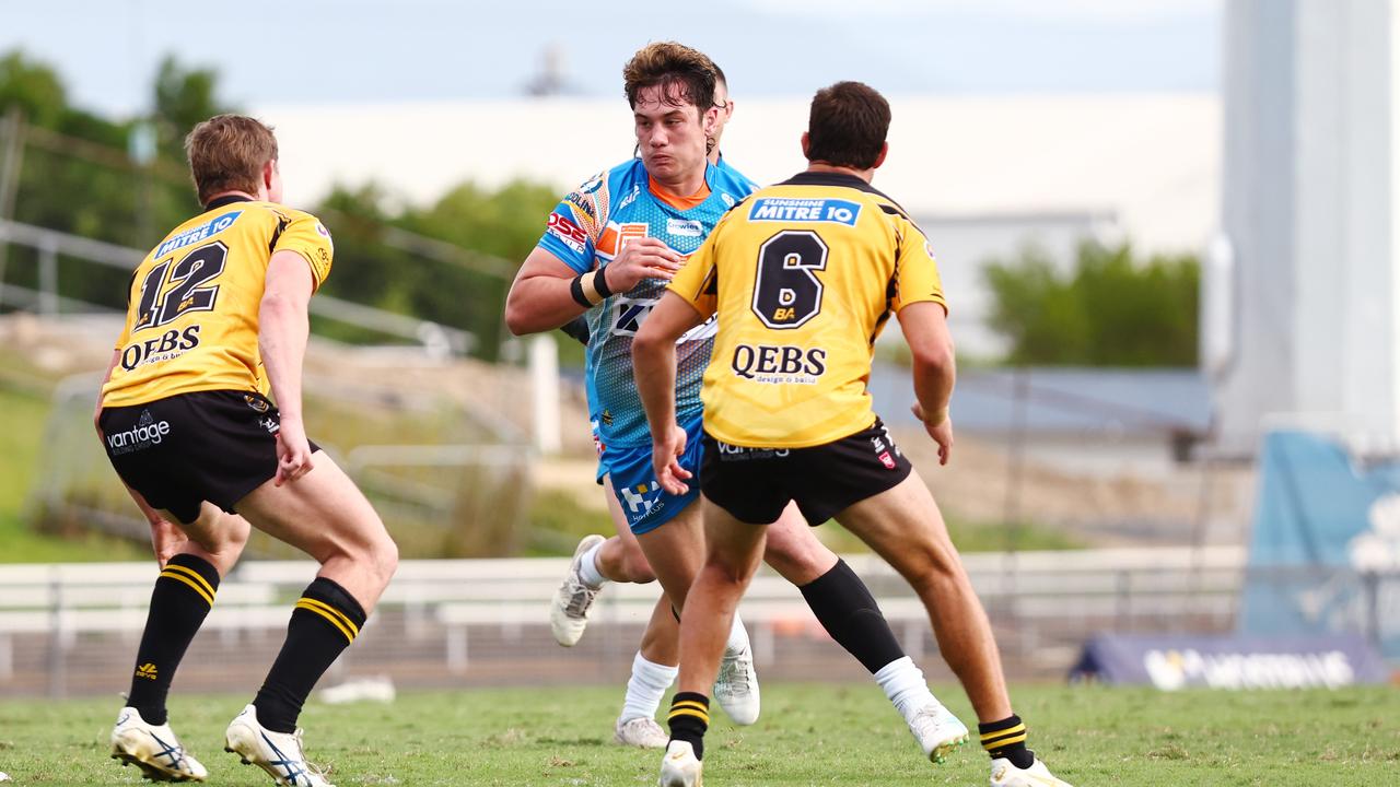 Pride's Mason Kira, a Sunshine Coast Falcons junior, runs the ball at Barlow Park, Cairns. Picture: Brendan Radke