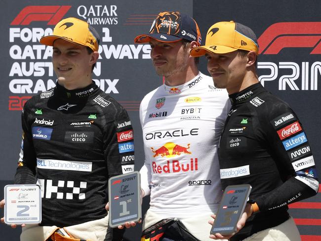 Melbourne’s McLaren driver Oscar Piastri, winner Max Verstappen, and third placed Lando Norris. Picture: AFP