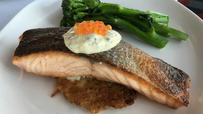 Cucina Locale’s seared Atlantic salmon with mint aioli, broccolini and onion and potato rosti.