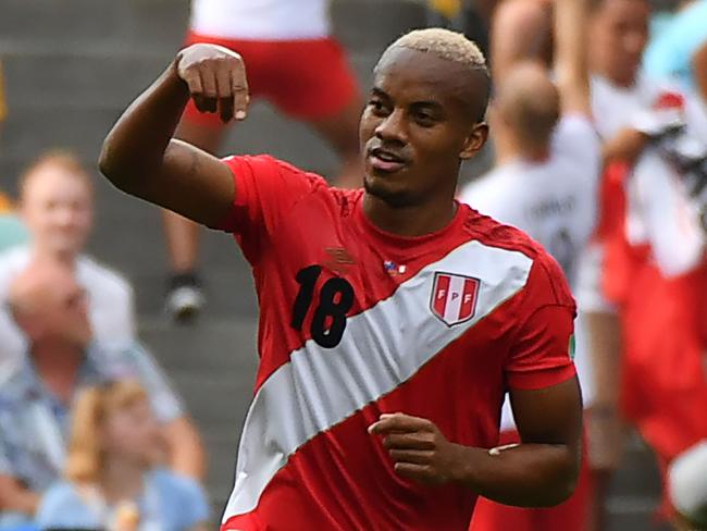 Peru's forward Andre Carrillo celebrates after opening the scoring. Pic: Getty
