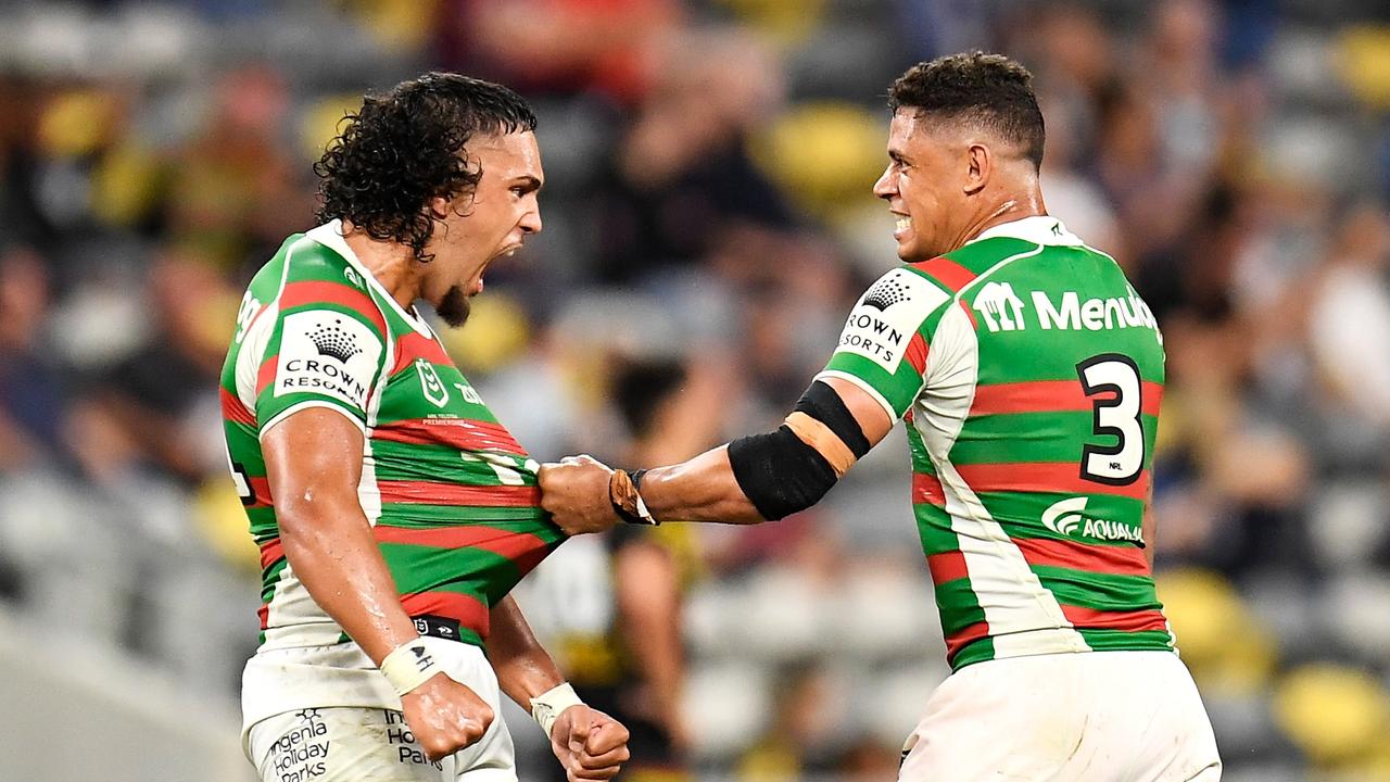 Keaon Koloamatangi and Dane Gagai celebrate after sending South Sydney through to this week’s preliminary final against Manly. Picture: Getty