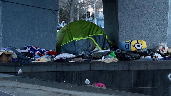 A homeless camp near Flinders St in the city. Picture: Nicole Garmston