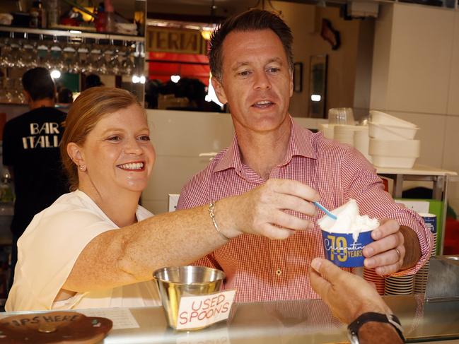 WEEKEND TELEGRAPHS - 11/3/23MUST NOT USE BEFORE CLEARING WITH PIC EDITOR JEFF DARMANIN  - NSW Labor leader Chris Minns pictured on Norton St in Leichhardt chatting to voters this morning. Labor candidate for Balmain Philippa Scott pictured with Minns at Bar Italia.. Picture: Sam Ruttyn