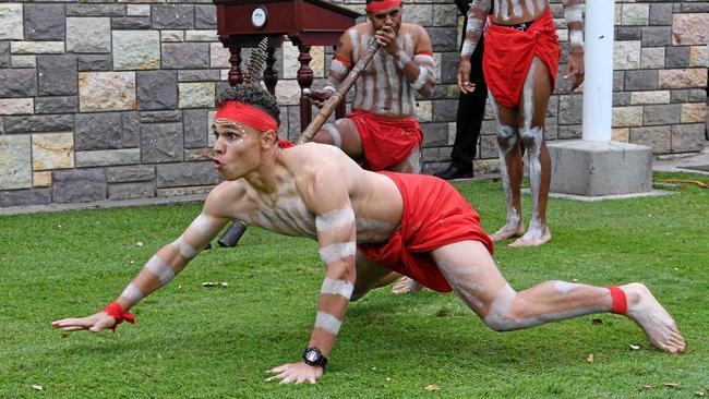 RECONCILLIATION: Cadell Blackman from the Goreng Goreng language tribal dancers performing at the National Reconciliation Week ceremony in Buss Park. Picture: Mike Knott BUN300517RECON1