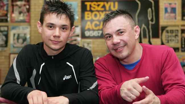 Former world champion boxer Kostya Tszyu with his boxer son Timophey (14), current Australian junior welterweight Golden Gloves champion during training at Kostya's Boxing Academy gym at Rockdale in Sydney. Tim Tszyu.