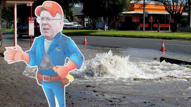 A cardboard cutout of Water Minister Ian Hunter at a burst water main on Anzac Highway at Glenelg East in August 2016.