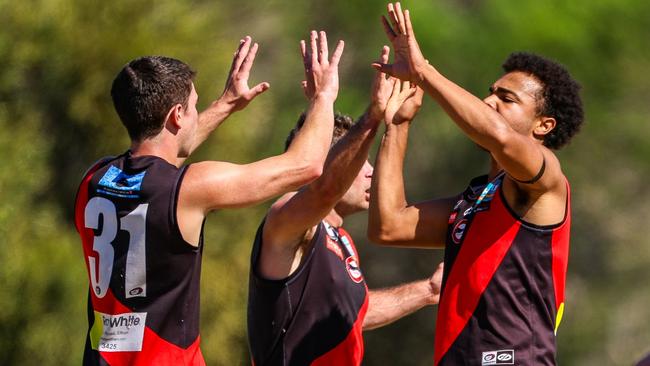 Eltham players celebrate a goal. Picture: Field of View Photography