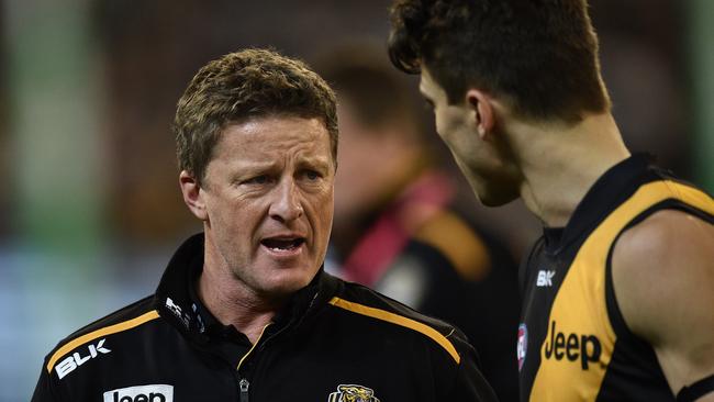 Tigers coach Damien Hardwick addresses Oleg Markov on Sunday. Picture: Getty Images.
