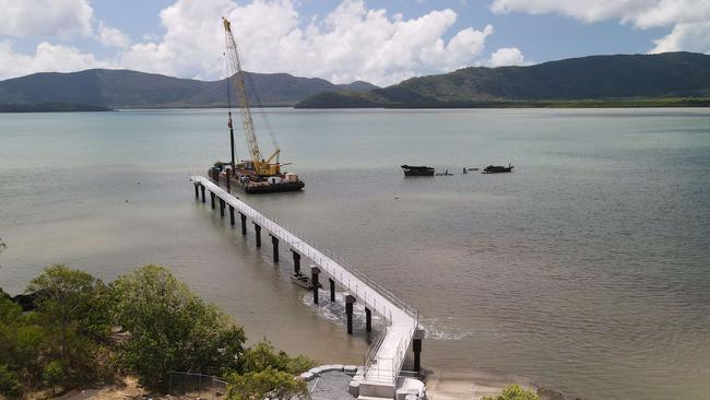 Construction work on the brand new $11 million concrete jetty off the western point of Yarrabah. Picture: Brendan Radke