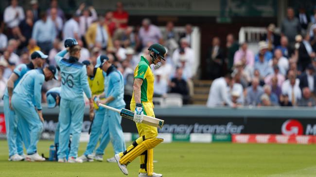 Australia’s Steve Smith walks back to the pavilion after his dismissal. Picture: AFP