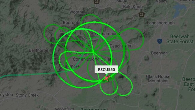 The flight path of a search aircraft on a mission to find an overdue light plane missing in the Peachester region.