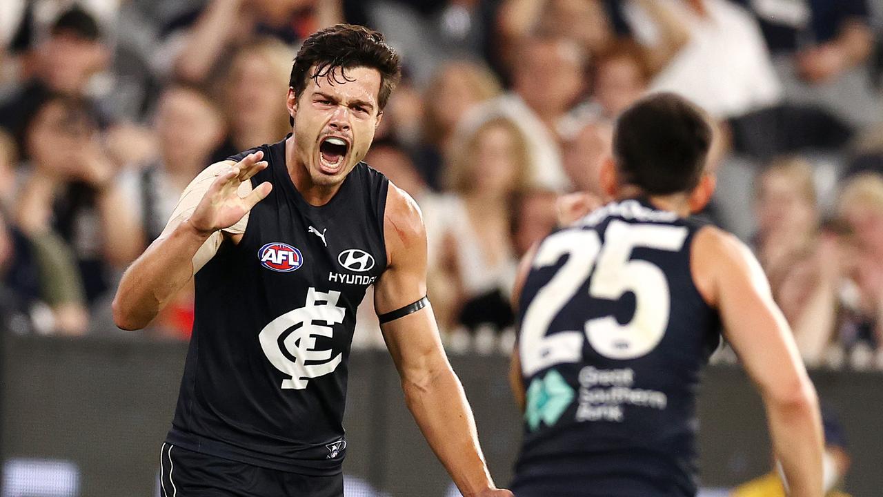 Jack Silvagni celebrates a goal against the Tigers. Picture: Michael Klein