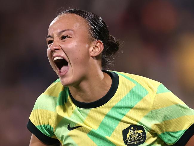 CANBERRA, AUSTRALIA - JUNE 02: Amy Sayer of Australia celebrates scoring a goal during the International Friendly match between Australia Matildas and Argentina at GIO Stadium on June 02, 2025 in Canberra, Australia. (Photo by Matt King/Getty Images)