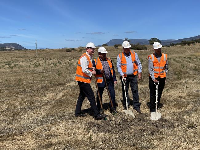 L-R Education Minister Roger Jaensch, Brighton Mayor Leigh Gray, Liberal Lyons MP John Tucker and Fairbrother southern Tasmania manager Phillip de Jong turning the first sod for the new Brighton High School