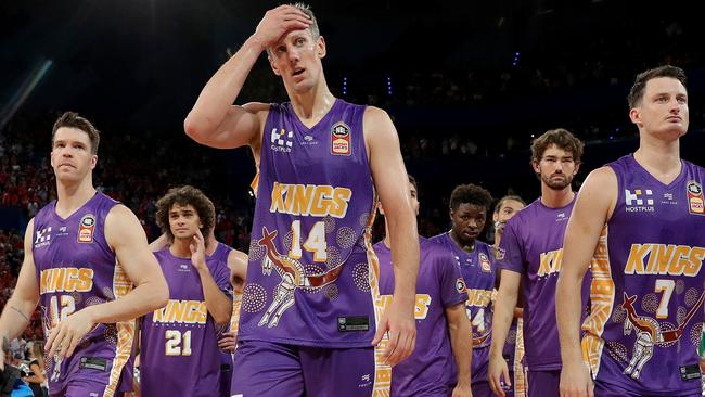 Daniel Kickert of the Kings leaves the court with teammates after being defeated during the Round 18 NBL match between the Perth Wildcats and Sydney Kings at RAC Arena in Perth, Saturday, February 1, 2020. (AAP Image/Richard Wainwright) NO ARCHIVING, EDITORIAL USE ONLY