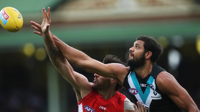 ABSENT FORCE. Port Adelaide's All-Australian ruckman Patrick Ryder will be missed in Sunday’s AFL clash with Sydney at the SCG as he recovers from Achilles tendinitis. The Power wants its midfielders to win at ground level to cover the gap. Picture: Phil Hillyard