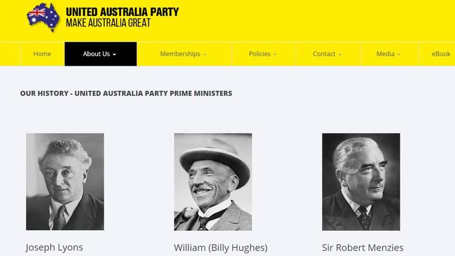 The link on Clive Palmer’s United Australia Party website claiming past prime ministers as former members.