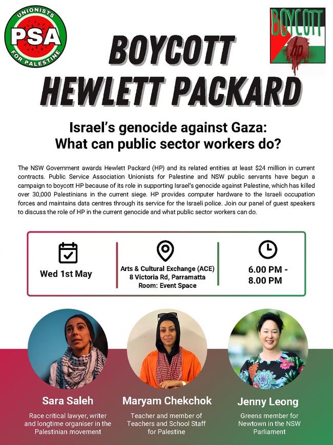 A flyer produced by the "PSA For Palestine" group for an event which promoted a boycott of HP in government contracts. Picture: Supplied