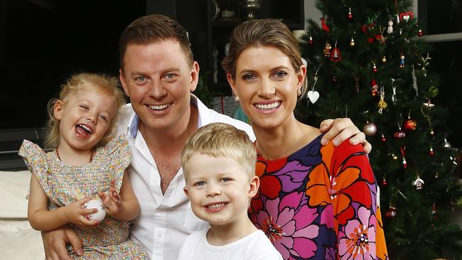 Radio presenter and journalist Ben Fordham at home with his wife Jodie Speers and their children Pearl -2 and Freddy -4 at Christmas time. Picture: John Appleyard