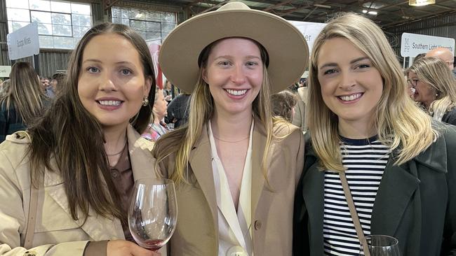 Melbourne girls Louise Burke (left) and Samatha O'Shaughnessy (right) showed their Sydney friend Evangeline Browne (middle) the best Mornington Peninsula drops. Picture: Lucy Callander