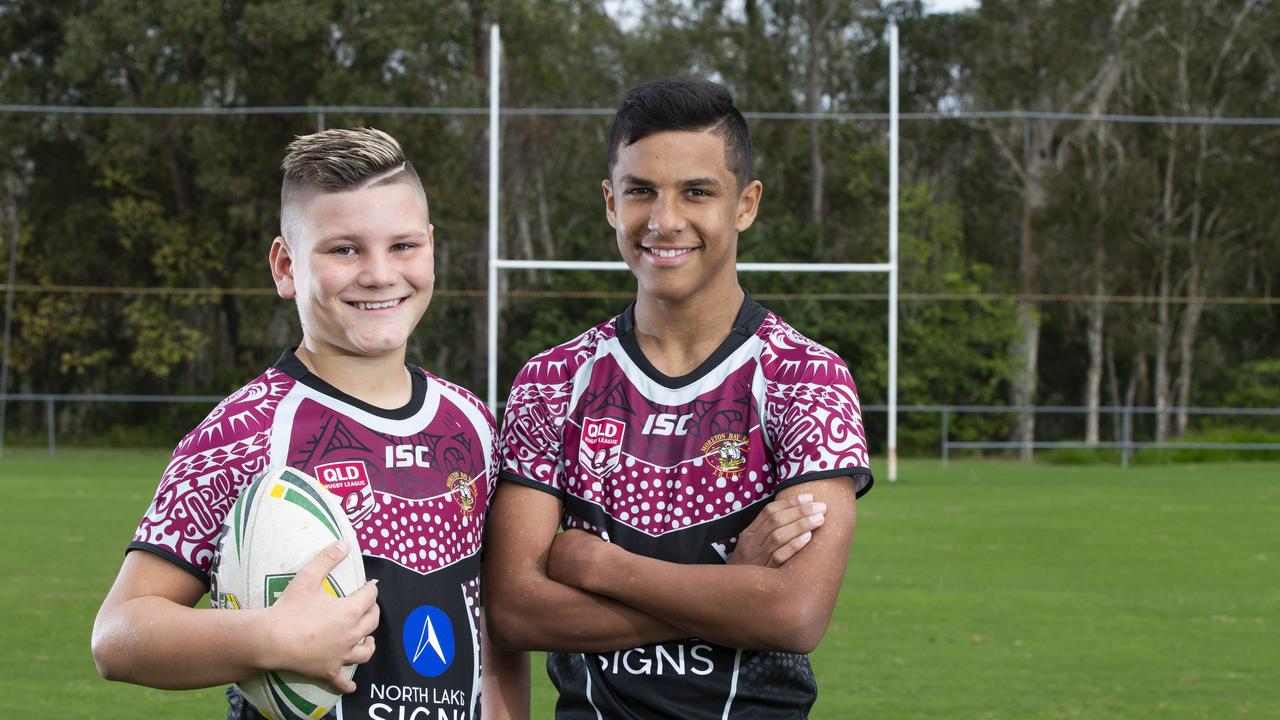 Moreton Bay Raiders old mates Charlie Dickson and Mereki Warradoo as Queensland under 13 representatives in 2019. (AAP Image/Renae Droop)