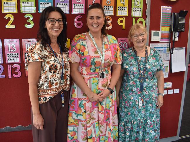 Teachers Ms Kate, Camille Johnson and Vicki McGrath on the first day at St Gabriel's Primary School, Traralgon on January 30, 2025. Picture: Jack Colantuono