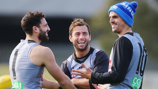 Alex Fasolo, Jarryd Blair and Scott Pendlebury at Collingwood training. (Photo by Michael Dodge/Getty Images)