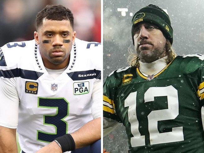 Russell Wilson and Aaron Rodgers. Photo: Azra Shaw, Patrick McDermott, AFP via Getty.