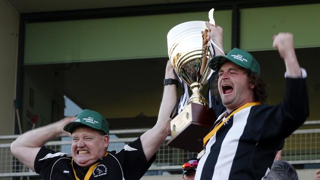 Brown captained the Magpies to the 2015 SFL premiership alongside former coach Kim Excel. Picture: Kim Eiszele.