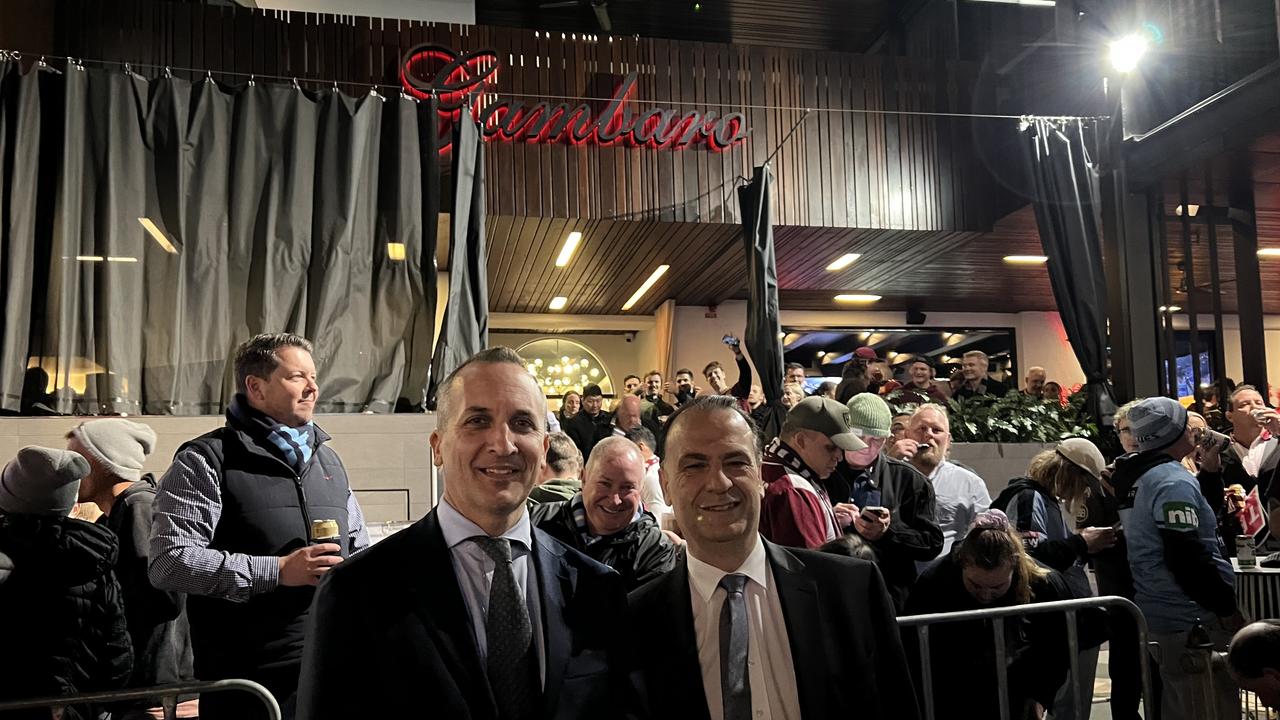 Peter V’landys and Andrew Abdo outside the Gambaros hotel and restaurant.