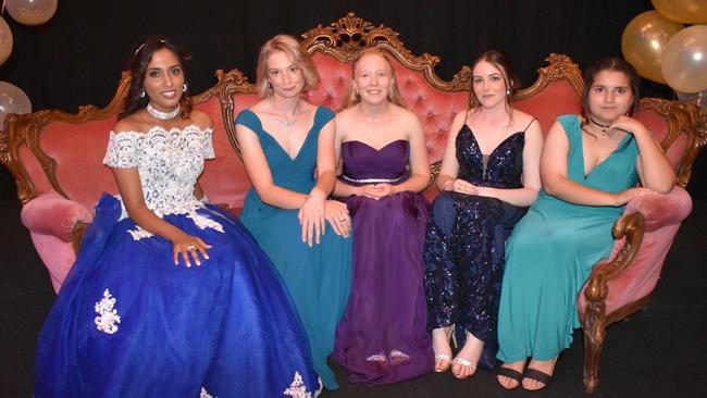 Mackenzie Pillay, Caitlyn Milner, Ashleigh Cairns, Aleisha Wright and Cecilia-Lee Smith at the Mackay State High School formal at the MECC, on Wednesday November 18. Picture: Zizi Averill