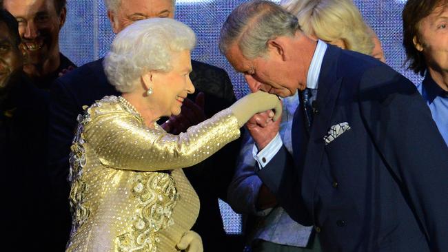 Prince Charles kisses Queen Elizabeth’s hand on her Jubilee. Picture: AFP