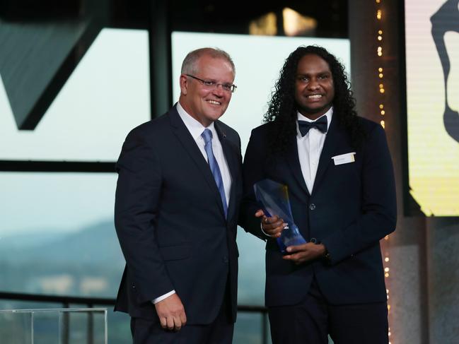 The 2019 Young Australian of the Year is Northern Territory Rapper and dancer Danzal Baker, with the Prime Minister Scott Morrison. Picture Gary Ramage 