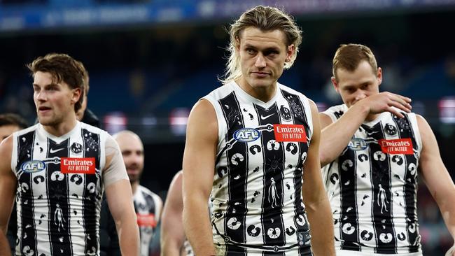 MELBOURNE, AUSTRALIA - JULY 05: Darcy Moore of the Magpies looks dejected after a loss during the 2024 AFL Round 17 match between the Collingwood Magpies and the Essendon Bombers at Melbourne Cricket Ground on July 05, 2024 in Melbourne, Australia. (Photo by Michael Willson/AFL Photos via Getty Images)