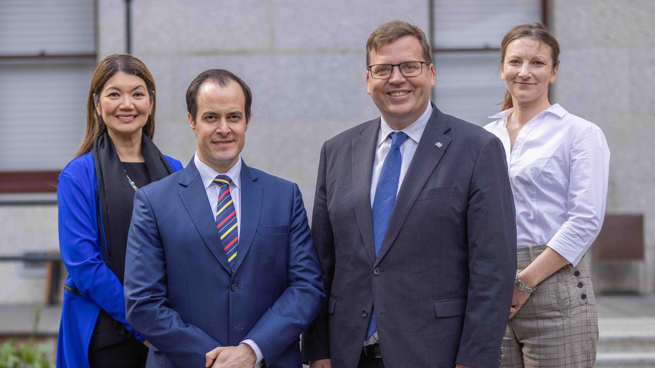 The state Liberal leadership team after Vincent Tarzia won Monday’s ballot. (From left) Jing Lee, Vincent Tarzia, John Gardner and Nicola Centofanti. Picture: NewsWire / Ben Clark