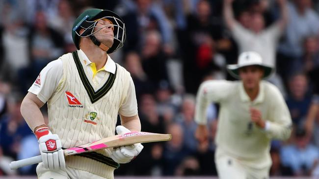 A disappointed David Warner reacts after his dismissal. Picture: AFP