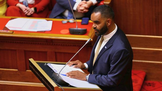 Indigenous Australian Leeroy Bilney taking centre stage in the South Australian parliament. Picture: NewsWire/ Ben Clark