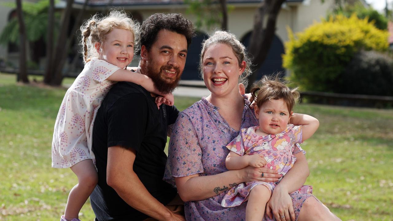 Megan and Paul Bell, with their kids Kyla, 3 and Arnika, 1, have just started the search for a new home in Brisbane, but will have to dig into their superannuation for a deposit. Picture: Liam Kidston