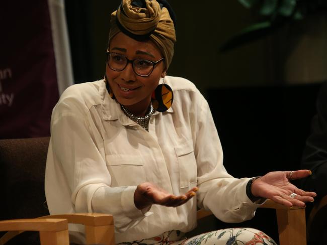 Yassmin Abdel-Magied speaking at ANU event at the National Library in Canberra. Picture Kym Smith