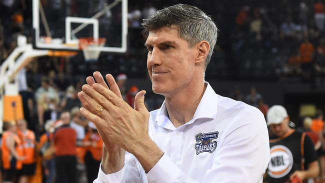 CAIRNS, AUSTRALIA – DECEMBER 22: Taipans coach Mike Kelly celebrates after winning the round 12 NBL match between the Cairns Taipans and the Adelaide 36ers at the Cairns Convention Centre on December 22, 2019 in Cairns, Australia. (Photo by Ian Hitchcock/Getty Images)