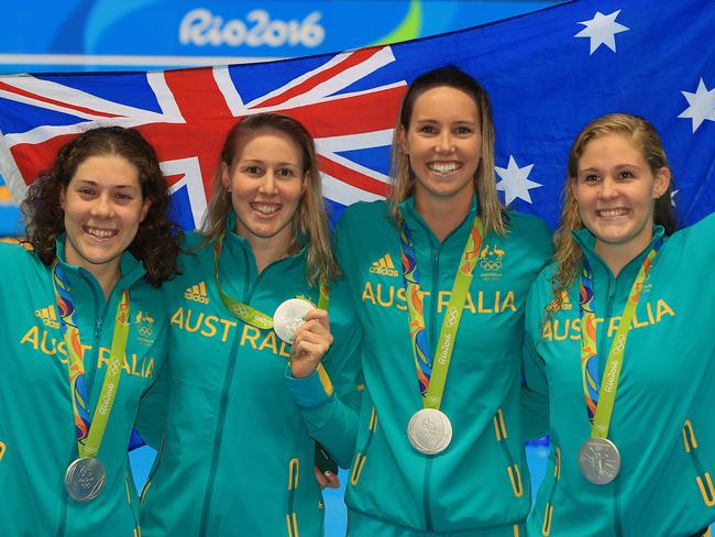 Rio Olympics 2016. The Finals and Semifinals of the swimming on day 05, at the Olympic Aquatic Centre in Rio de Janeiro, Brazil. AustraliaÕs Tamsin Cook, Bronte Barratt, Emma McKeon and Leah Neale with their Silver Medal after the WomenÕs 4x200m Freestyle Relay Final. Picture: Alex Coppel